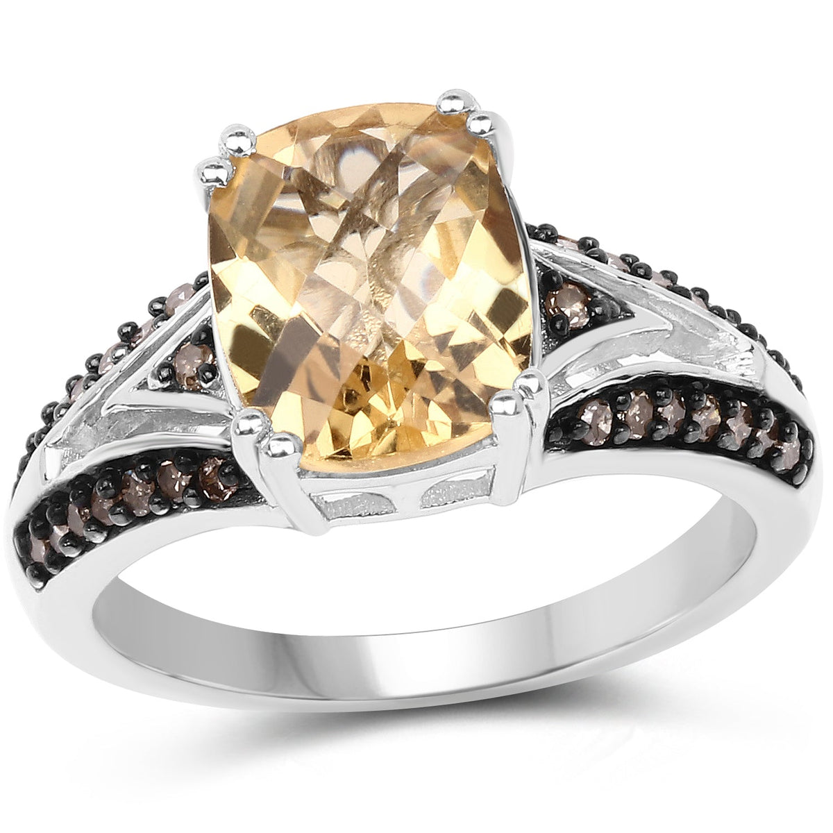 Anillo de plata de ley .925 con citrino genuino de 2.79 quilates, diamante champán y diamante blanco