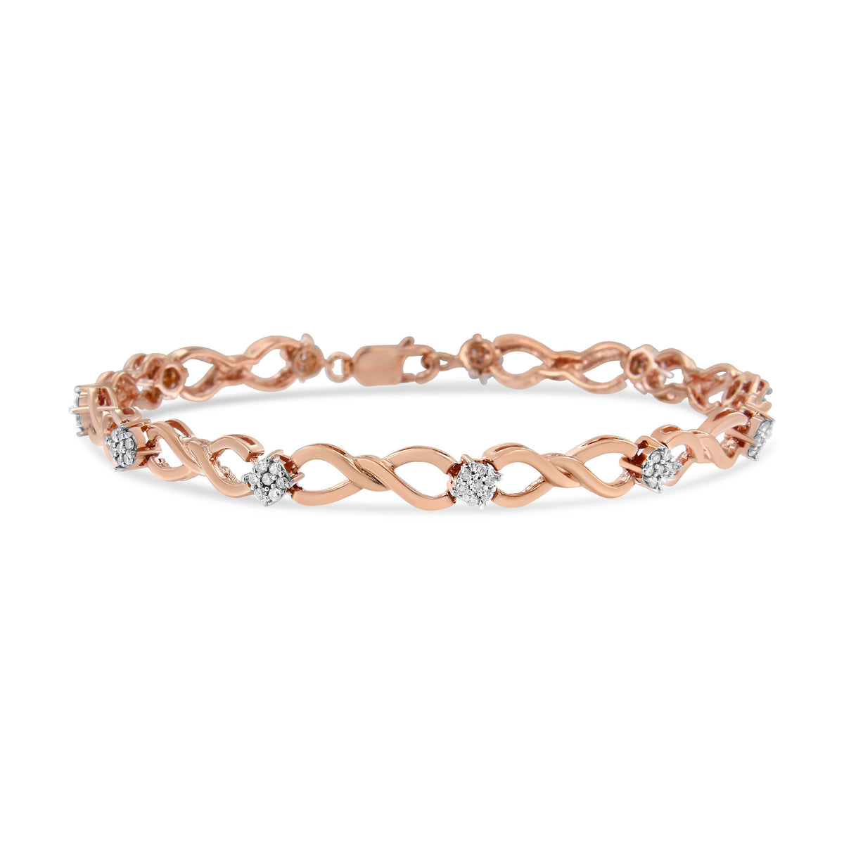 Brazalete con diseño de eslabones y racimo de diamantes de 1/2 quilate, color H-I, claridad I2-I3, de oro rosado de 10 quilates, de 17.78 cm