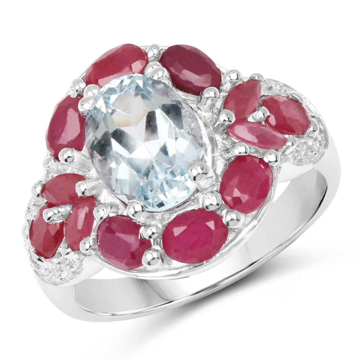 Anillo de plata de ley .925 con aguamarina, rubí y topacio blanco genuinos de 3.54 quilates