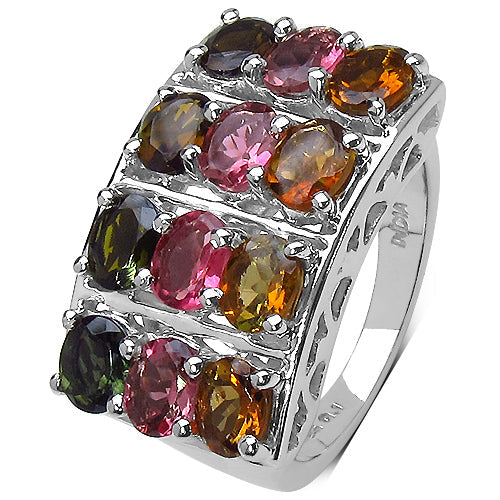 Anillo de plata de ley .925 con turmalina multicolor genuina de 3,72 quilates
