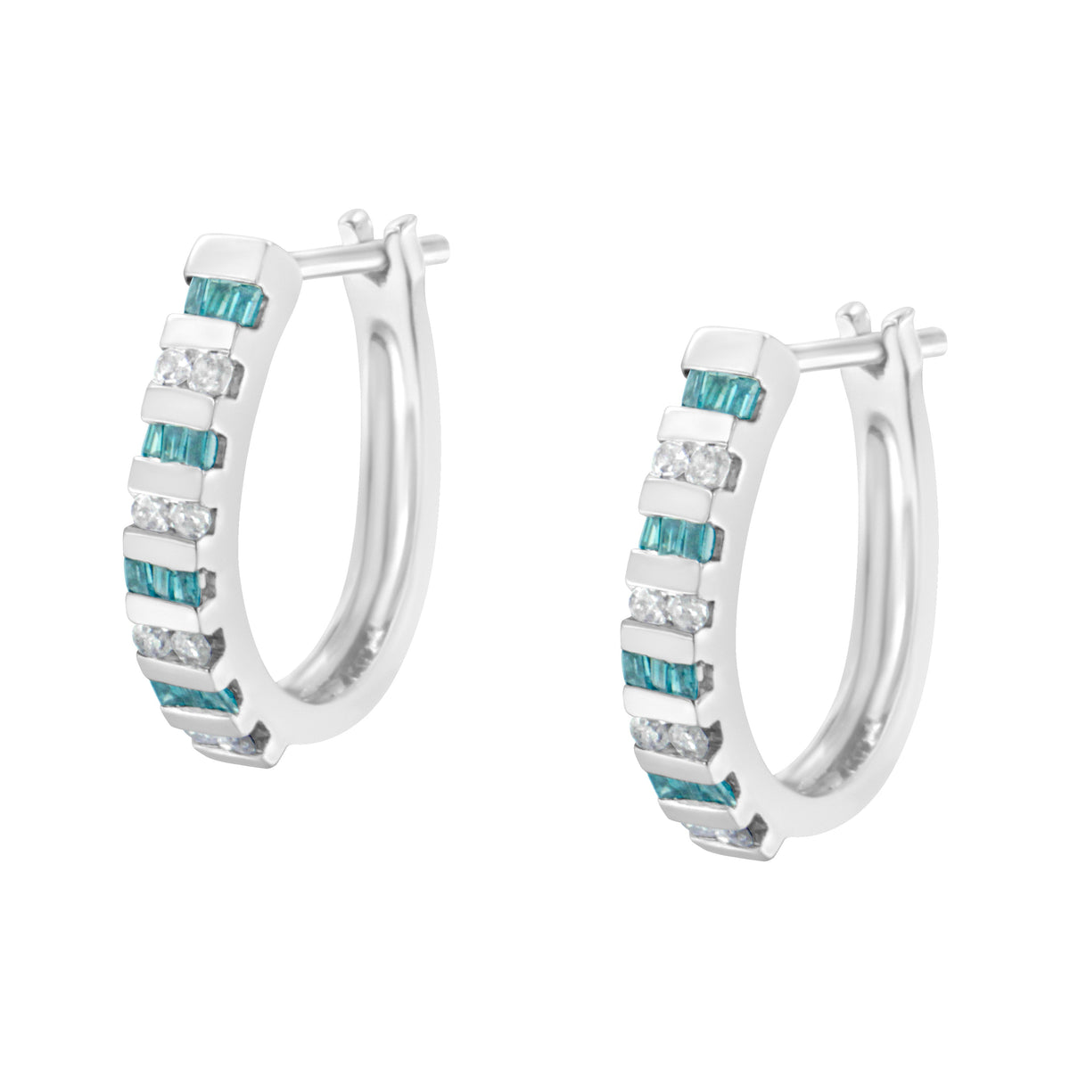 Pendientes de aro de oro blanco de 10k con diamantes redondos y baguette azules de 1/2 quilate (color I-J, claridad I2-I3)