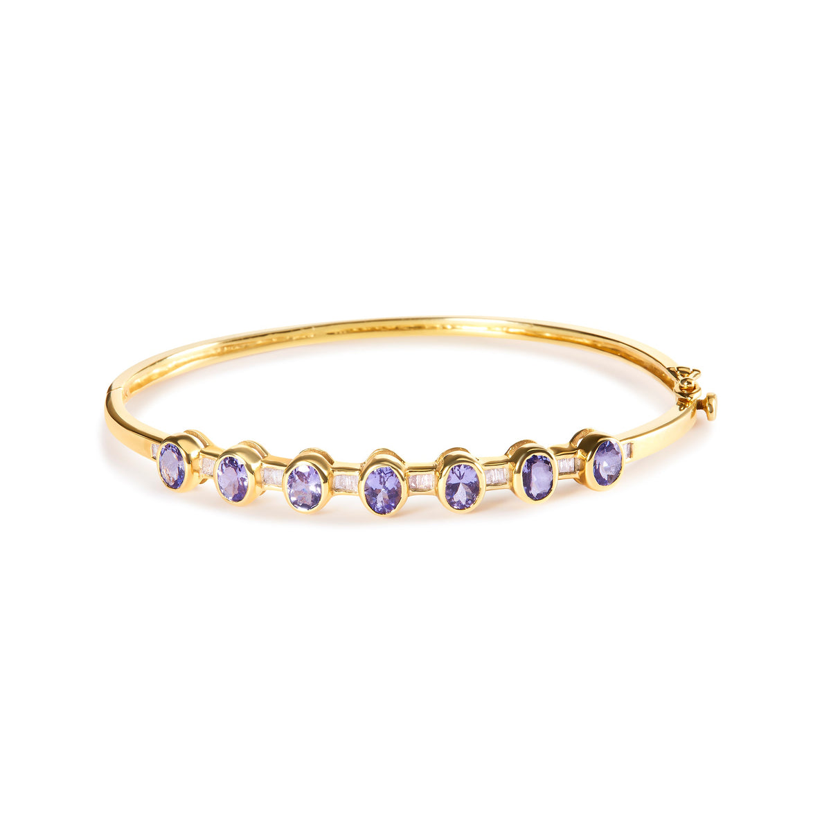 Pulsera esclava de oro amarillo de 14K con tanzanita ovalada de 5MM engastada en bisel alterno y diamantes de 1/5 Cttw (Color H-I, Claridad VS2-SI1) - Se adapta a muñecas de hasta 7.25 pulgadas
