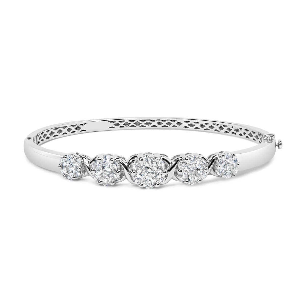 Brazalete tipo esclava de oro blanco de 14K con diamantes en racimo floral graduado de 2 1/2 quilates en total (color H-I, claridad SI1-SI2) - Se adapta a muñecas de hasta 7.25"