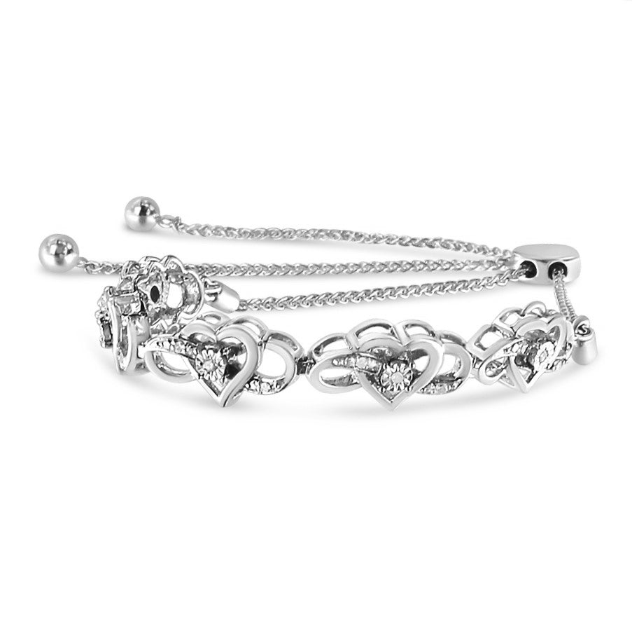 Pulsera Bolo de Tenis Ajustable de Plata Fina .925 con Acentos de Diamantes en Infinito Entrelazado y Corazón de 4" a 10" (Color H-I, Claridad I2-I3)