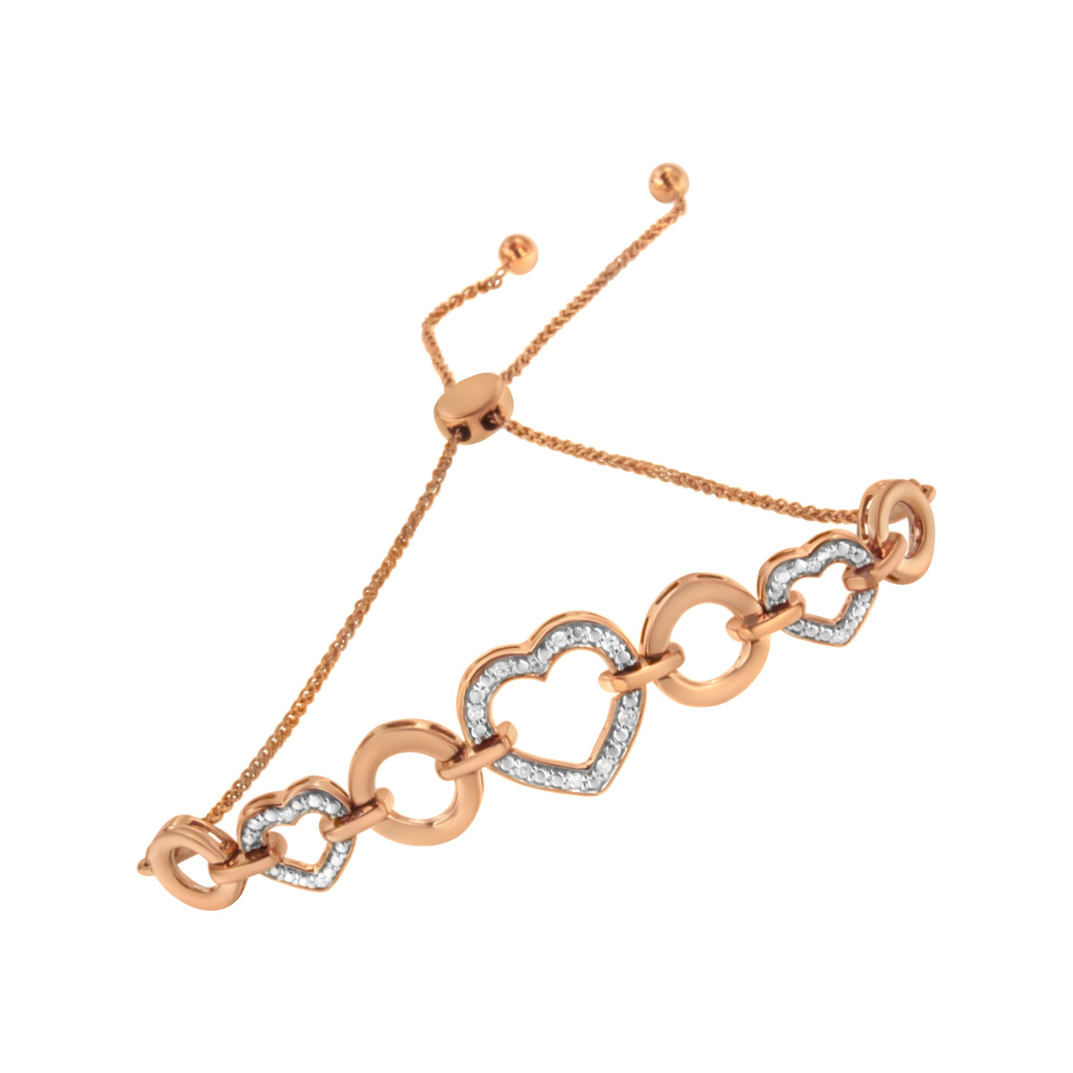 Brazalete de oro rosa de 14 quilates con baño de plata esterlina .925 con detalles de diamante en forma de círculo y corazón, ajustable de 6 a 10 pulgadas (color I-J, claridad I3)