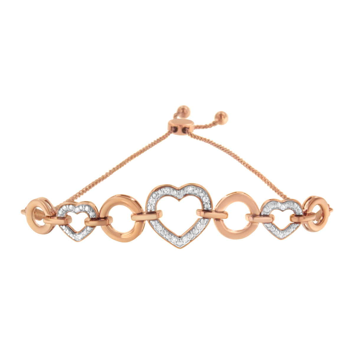 Brazalete de oro rosa de 14 quilates con baño de plata esterlina .925 con detalles de diamante en forma de círculo y corazón, ajustable de 6 a 10 pulgadas (color I-J, claridad I3)