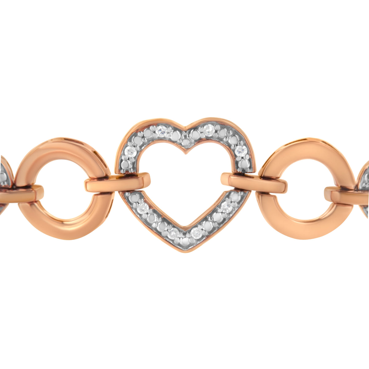 Brazalete de oro rosa de 14 quilates con baño de plata esterlina .925 con detalles de diamante en forma de círculo y corazón, ajustable de 6 a 10 pulgadas (color I-J, claridad I3)