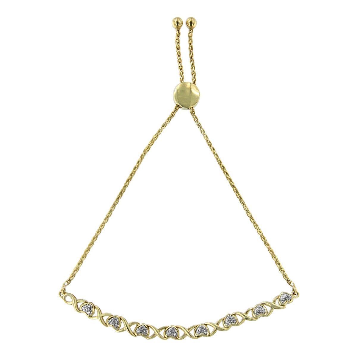 Pulsera tipo bolo ajustable de 6"-9" de oro amarillo de 10K sobre plata de ley .925 con diamante de 1/10 Cttw en forma de corazón y eslabones en X (color H-I, claridad I2-I3)