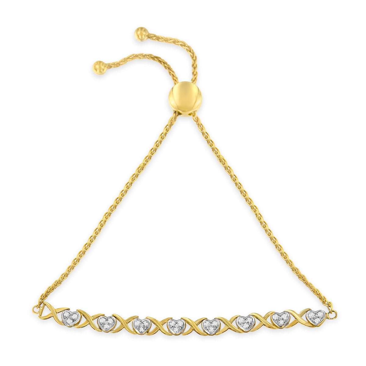 Pulsera tipo bolo ajustable de 6"-9" de oro amarillo de 10K sobre plata de ley .925 con diamante de 1/10 Cttw en forma de corazón y eslabones en X (color H-I, claridad I2-I3)