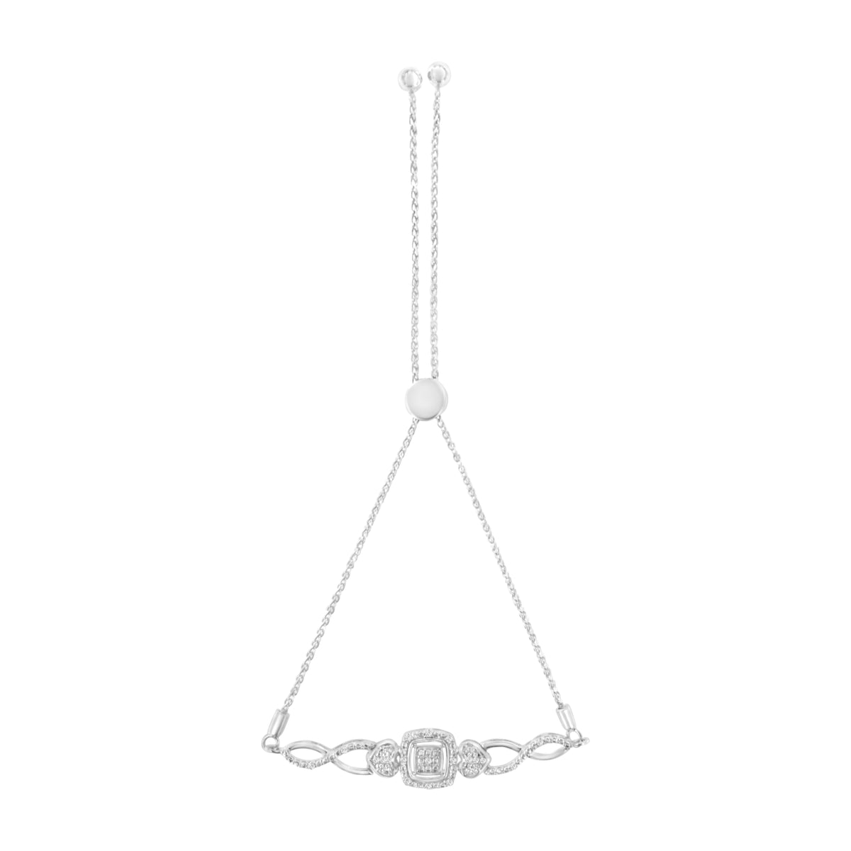 Pulsera tipo tenis bolo ajustable de plata de ley .925 con diseño de corazón de filigrana de diamante (color I-J, claridad I3) de 4" a 10"
