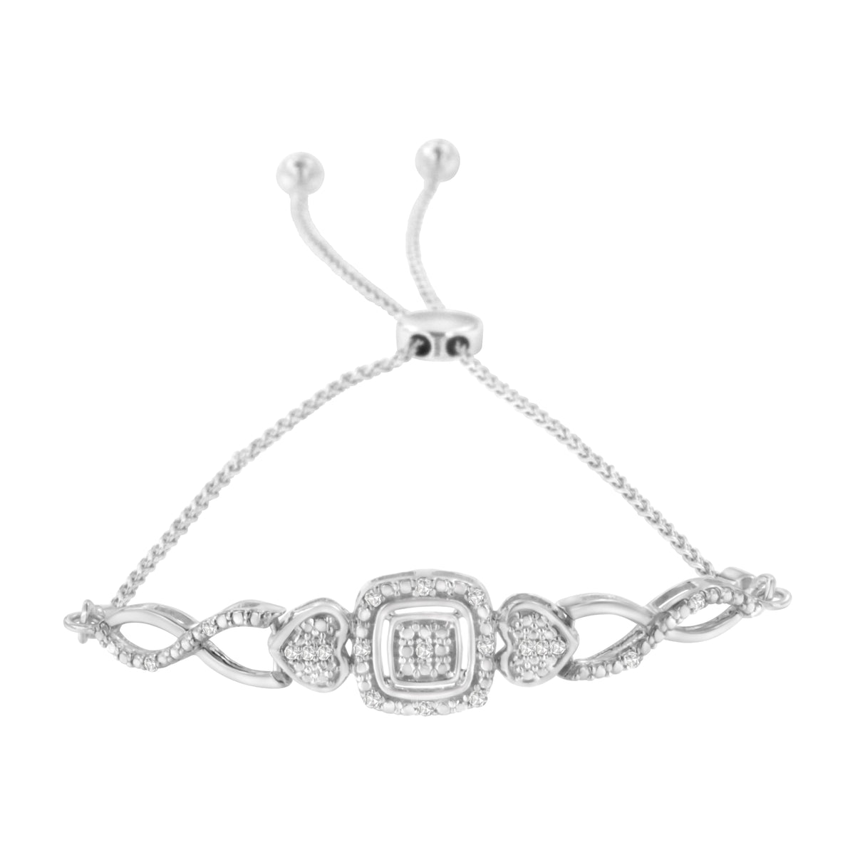 Pulsera tipo tenis bolo ajustable de plata de ley .925 con diseño de corazón de filigrana de diamante (color I-J, claridad I3) de 4" a 10"