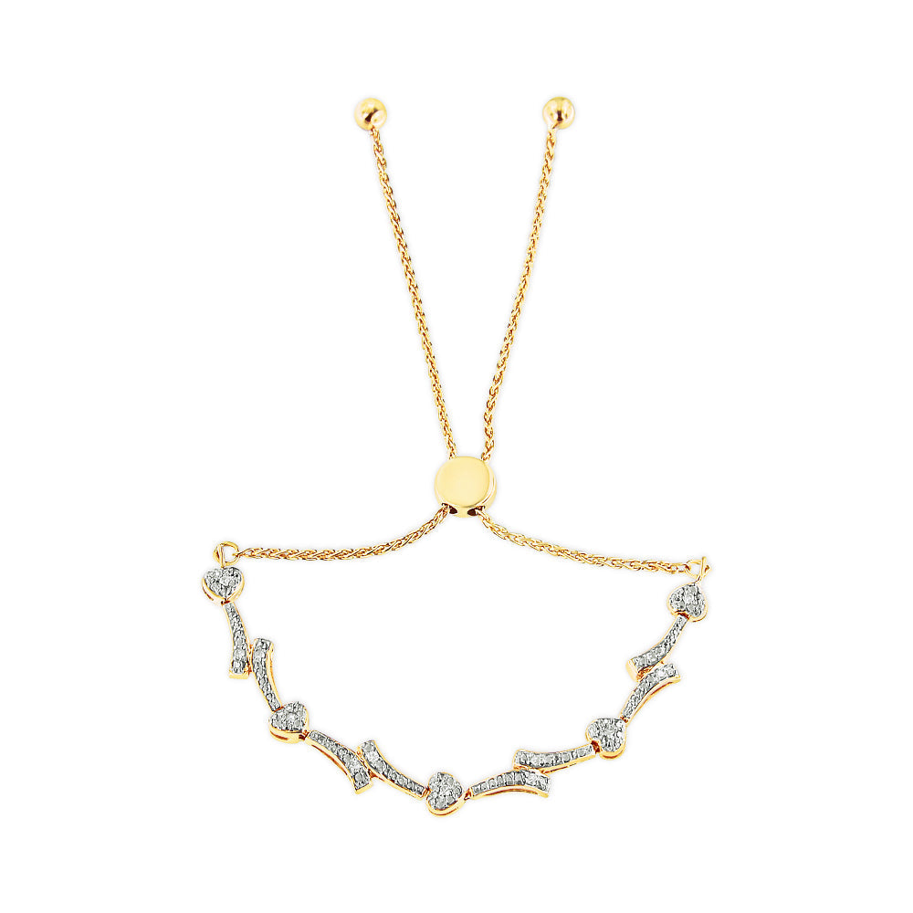 Pulsera de bolo con corazón y onda chapada en oro amarillo de 14 quilates sobre plata de ley .925 con acento de diamante (color I-J, claridad I2-I3) - Ajustable de 6" a 9"
