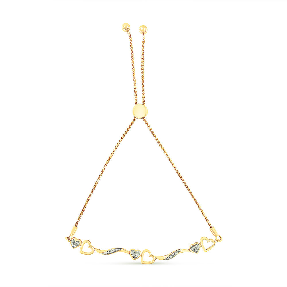 Pulsera de bolo con corazón y onda chapada en oro amarillo de 14 quilates sobre plata de ley .925 con acento de diamante (color I-J, claridad I2-I3) - Ajustable de 6" a 9"