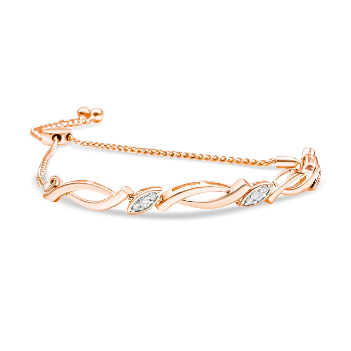 Pulsera de bolo con eslabones giratorios alternos de plata de ley .925 bañada en oro rosa de 14K con diamante de 1/10 Cttw (color I-J, claridad I2-I3) - Ajustable de 6" a 9"