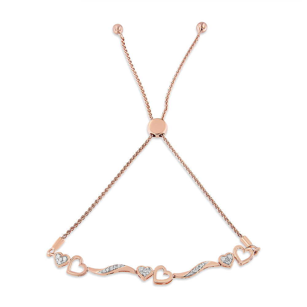 Brazalete bolo ajustable de 4 a 10 pulgadas con onda y corazones de diamante de 1/10 Cttw en plata de ley .925 chapada en oro rosa de 14 quilates (color I-J, claridad I3)