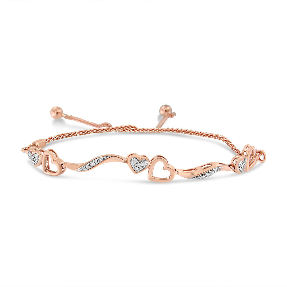 Brazalete bolo ajustable de 4 a 10 pulgadas con onda y corazones de diamante de 1/10 Cttw en plata de ley .925 chapada en oro rosa de 14 quilates (color I-J, claridad I3)