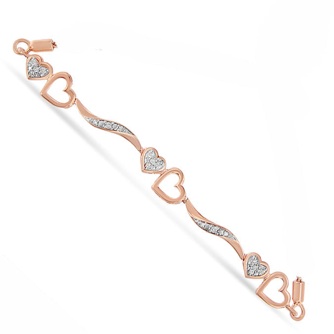 Brazalete bolo ajustable de 4 a 10 pulgadas con onda y corazones de diamante de 1/10 Cttw en plata de ley .925 chapada en oro rosa de 14 quilates (color I-J, claridad I3)