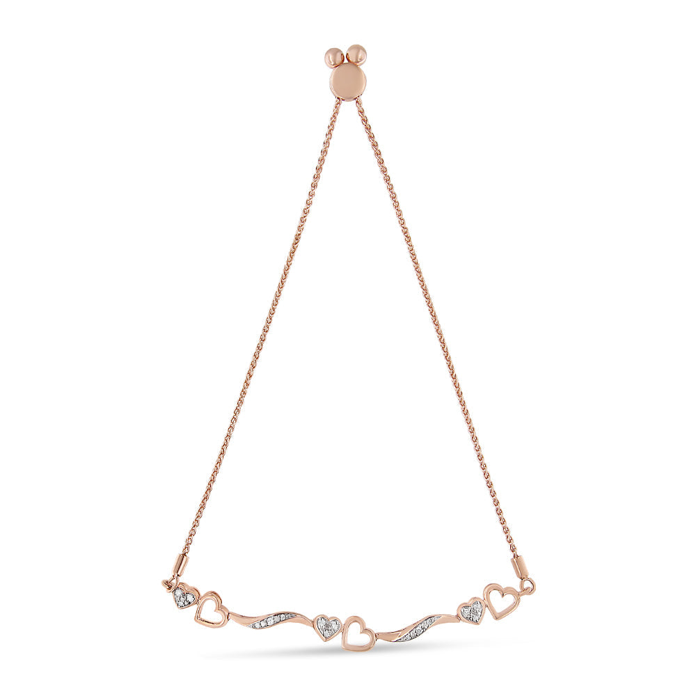 Brazalete bolo ajustable de 4 a 10 pulgadas con onda y corazones de diamante de 1/10 Cttw en plata de ley .925 chapada en oro rosa de 14 quilates (color I-J, claridad I3)