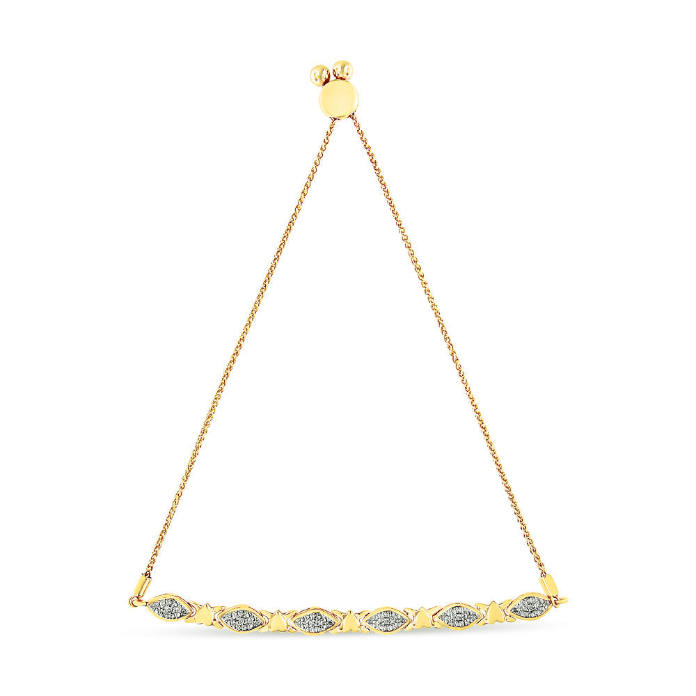 Pulsera Bolo de Eslabones de Corazón y Forma Marquesa Alternados con Acentos de Diamantes de Plata Esterlina .925 con Baño de Oro Amarillo de 14K (Color I-J, Claridad I3) - Ajustable de 6" a 9"