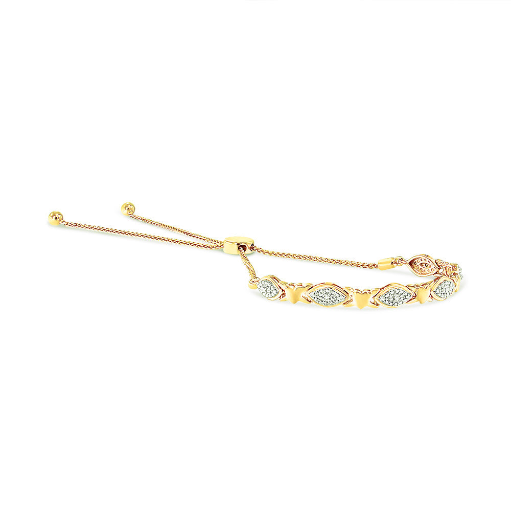 Pulsera Bolo de Eslabones de Corazón y Forma Marquesa Alternados con Acentos de Diamantes de Plata Esterlina .925 con Baño de Oro Amarillo de 14K (Color I-J, Claridad I3) - Ajustable de 6" a 9"
