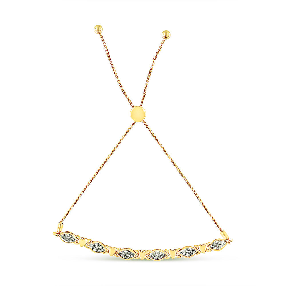 Pulsera Bolo de Eslabones de Corazón y Forma Marquesa Alternados con Acentos de Diamantes de Plata Esterlina .925 con Baño de Oro Amarillo de 14K (Color I-J, Claridad I3) - Ajustable de 6" a 9"
