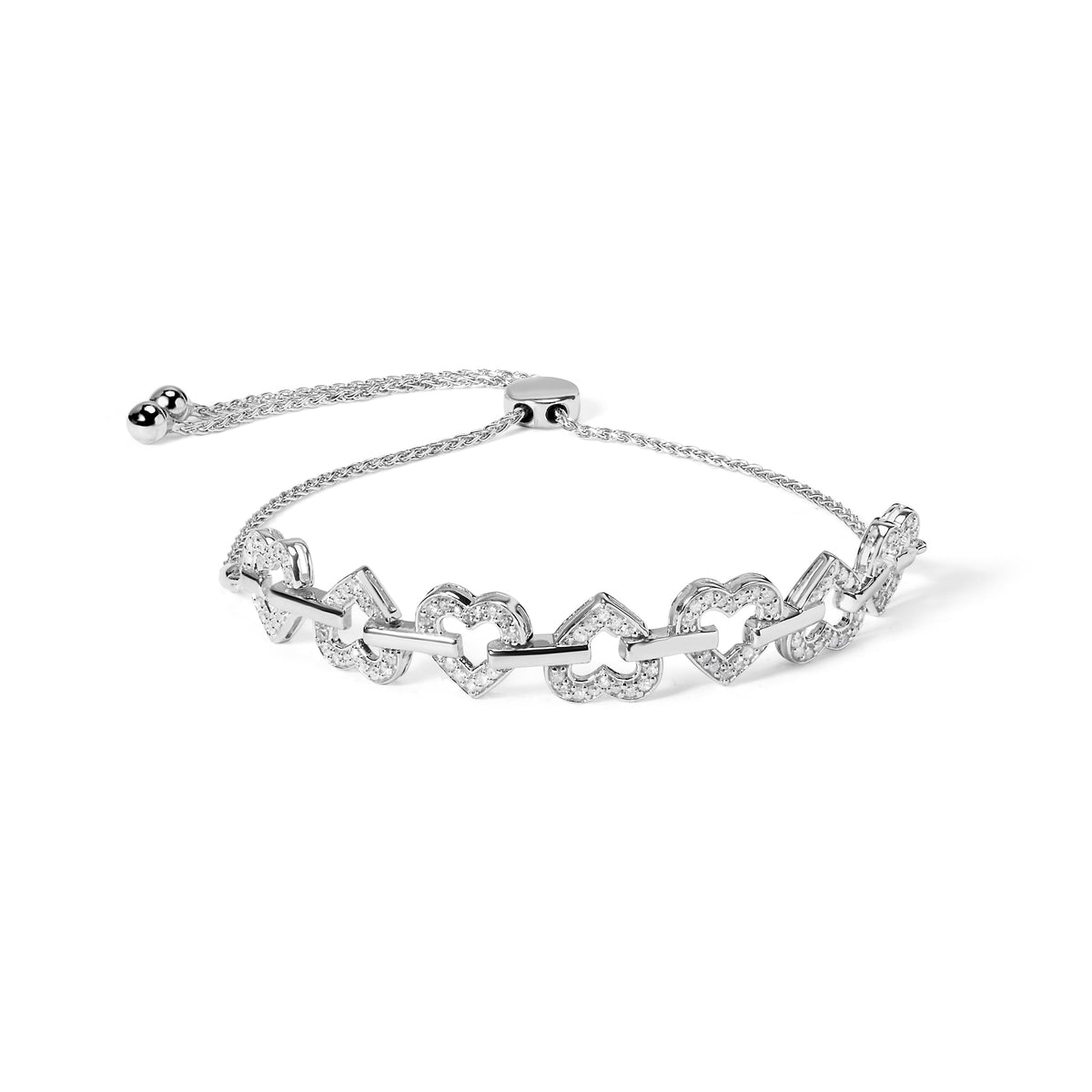 Pulsera de bolo ajustable de plata de ley .925 con diamantes de 1/2 quilate en eslabones de corazón alternos (color I-J, claridad I3) - 4 a 10 pulgadas