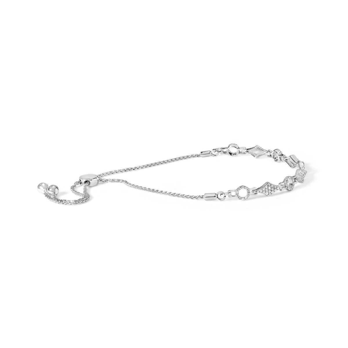 Pulsera bolo ajustable de plata de ley .925 con 1/2 quilate total de diamante, eslabones alternos de círculo y cometa (color I-J, claridad I3) - 4 a 10 pulgadas