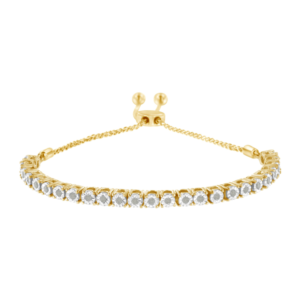 Pulsera de tenis ajustable tipo bolo de 10-25 cm de oro amarillo de 10 quilates sobre plata de ley .925 con diamante de 0,25 quilates engastado en ilusión (color I-J, claridad I3)