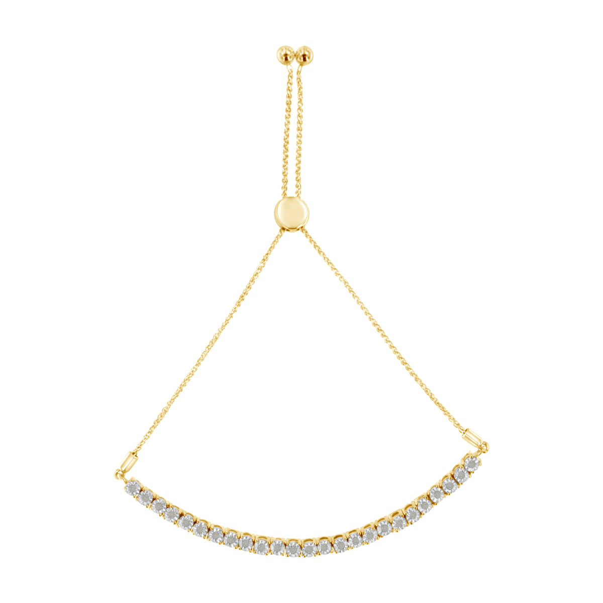 Pulsera de tenis ajustable tipo bolo de 10-25 cm de oro amarillo de 10 quilates sobre plata de ley .925 con diamante de 0,25 quilates engastado en ilusión (color I-J, claridad I3)