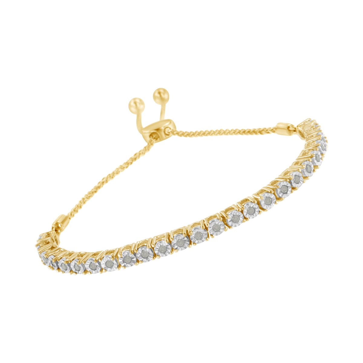 Pulsera de tenis ajustable tipo bolo de 10-25 cm de oro amarillo de 10 quilates sobre plata de ley .925 con diamante de 0,25 quilates engastado en ilusión (color I-J, claridad I3)