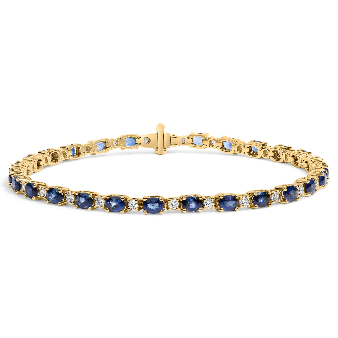 Pulsera de eslabones alternos de oro amarillo de 18 quilates con diamantes de 3/4 quilates y zafiros azules ovalados de 5 1/3 quilates (color G-H, claridad VS1-VS2) - 7.25 pulgadas