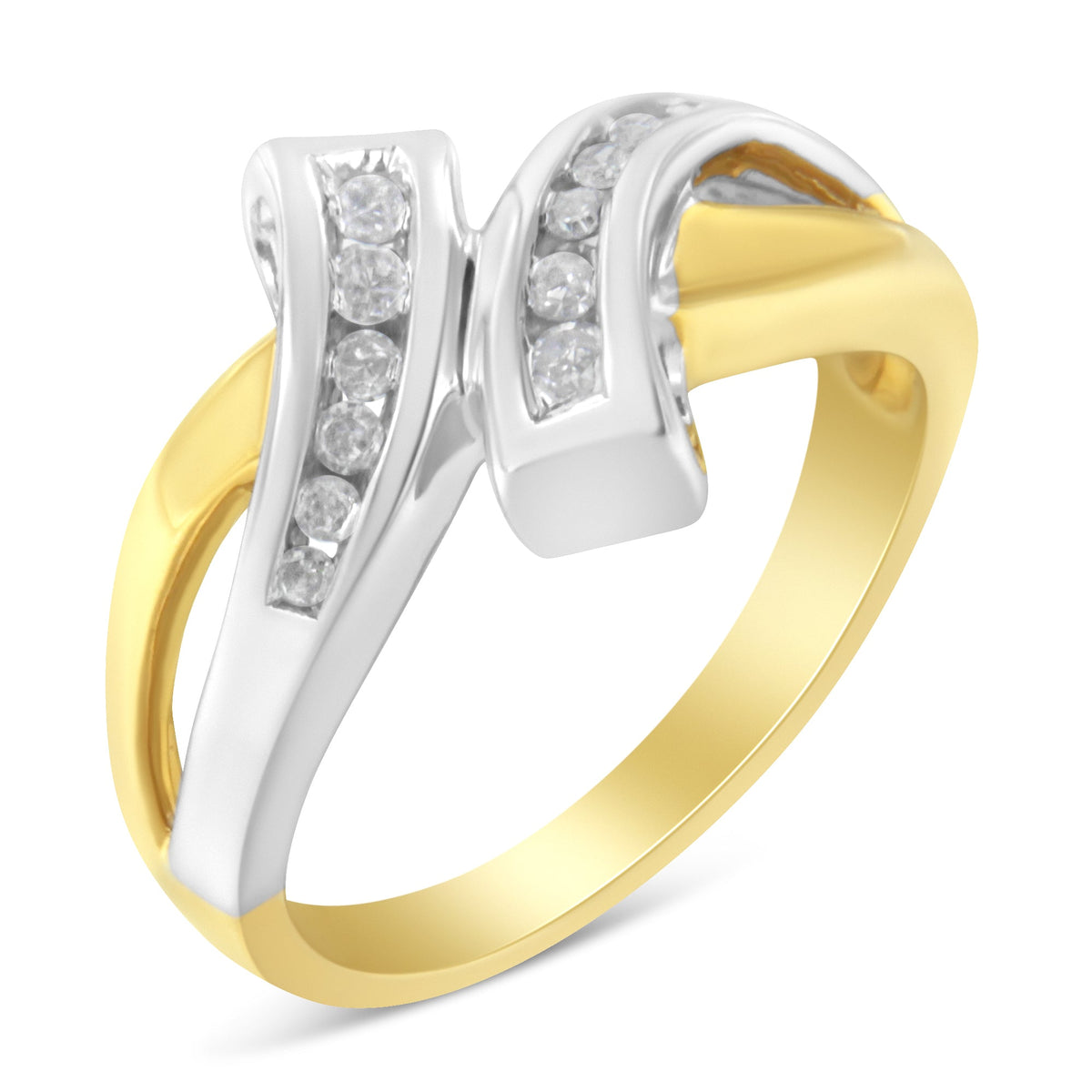 Anillo de desvío con diamantes de 10K bicolores engastados en carril (1/4 quilates en total, color I-J, claridad I2)