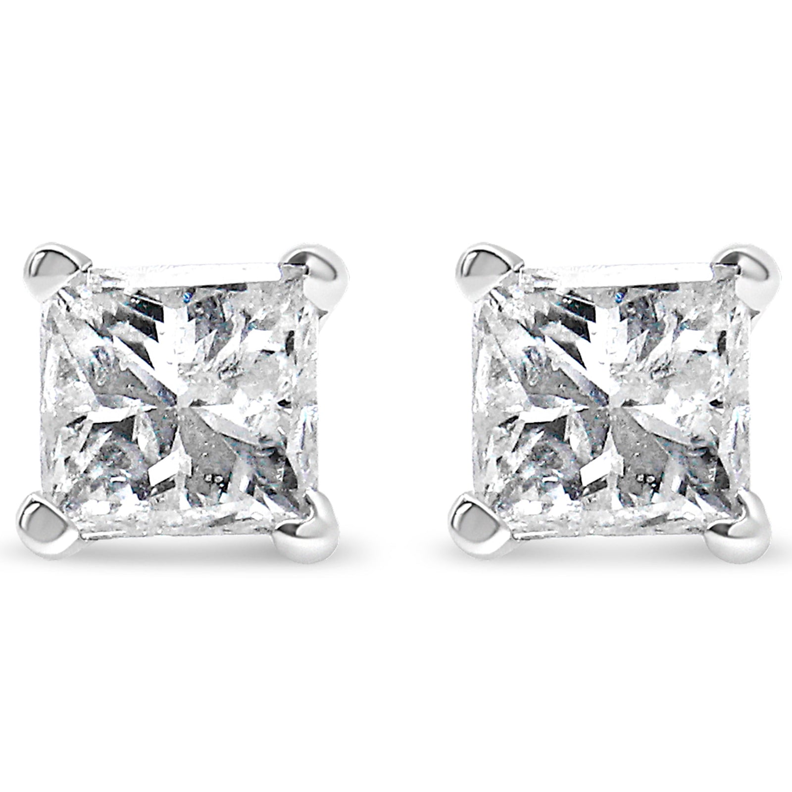 Aretes de oro blanco de 14K con diamante de talla princesa de 2/5 Cttw, montura de 4 puntas y solitario, certificados por AGS (color L-M, claridad I1-I2)