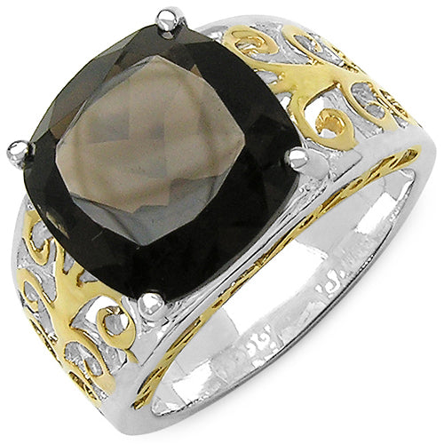 Anillo de Plata Esterlina .925 con Cuarzo Ahumado Genuino de 7.09 Quilates, Bicolor