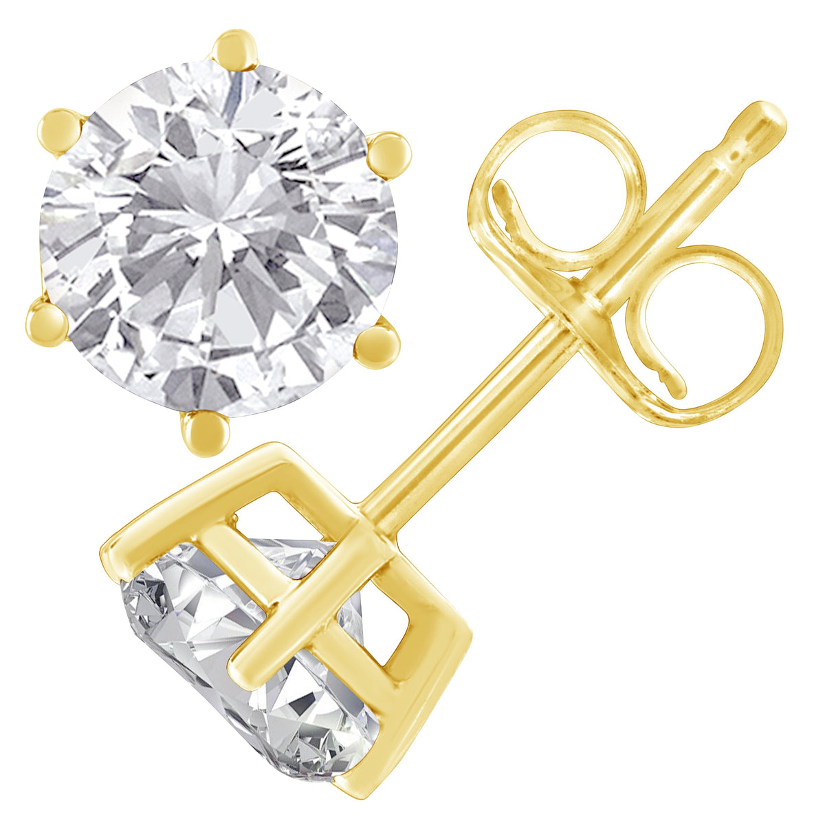 Pendientes de tuerca clásicos de oro amarillo de 18 K con diamantes redondos de talla brillante de 1,5 quilates, casi incoloros, con 6 garras (color H-I, claridad I1-I2)