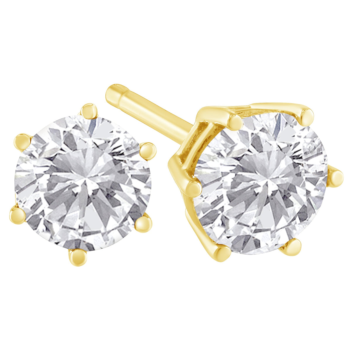 Pendientes de tuerca clásicos de oro amarillo de 18 K con diamantes redondos de talla brillante de 1,5 quilates, casi incoloros, con 6 garras (color H-I, claridad I1-I2)