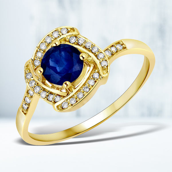 Anillo de oro amarillo de 14 quilates con zafiro azul auténtico de 0,73 quilates y diamante blanco