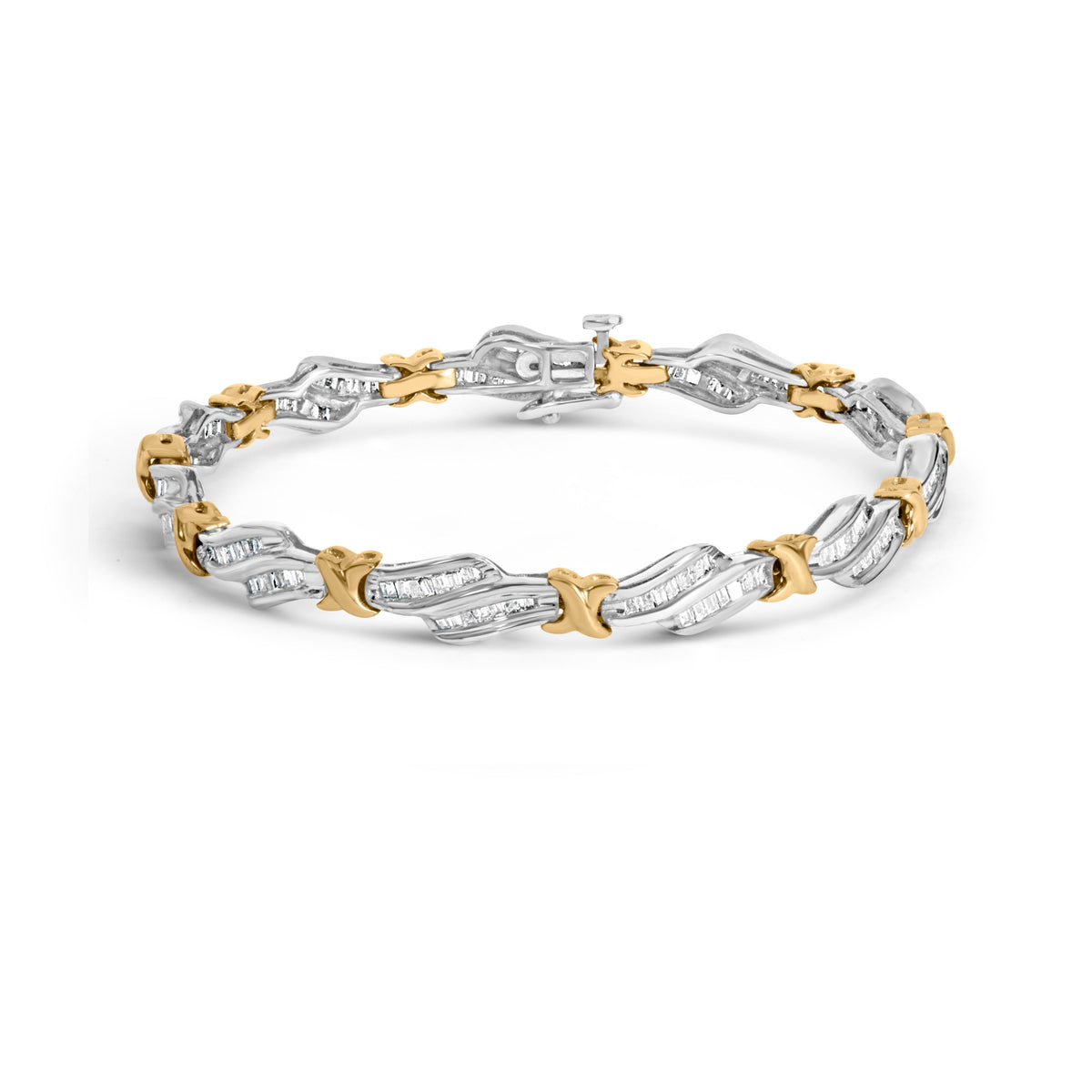 Pulsera de eslabones en espiral con diseño "X" y tejido de diamantes talla baguette engastados en carril, en oro de dos tonos de 10 quilates y 2,00 Cttw (Color H-I, Claridad I1-I2) - 7"