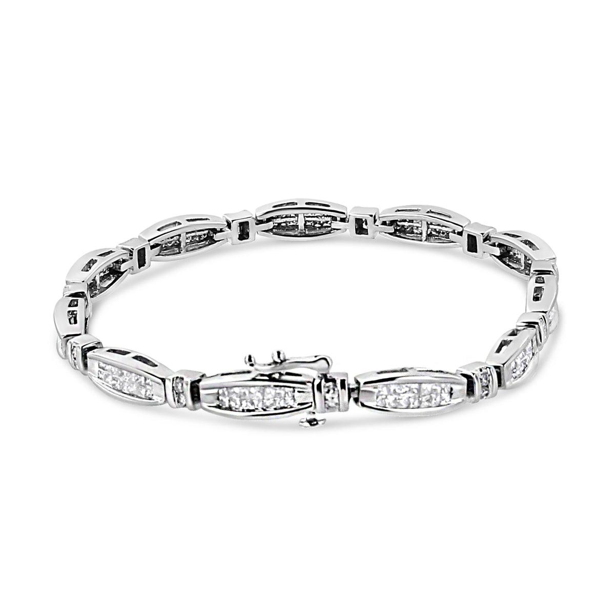 Pulsera de barra y eslabones de oro blanco de 14K con diamantes redondos y de talla princesa de 2.0 CTW (Color I-J, Claridad I1-I2) - 7.25 pulgadas