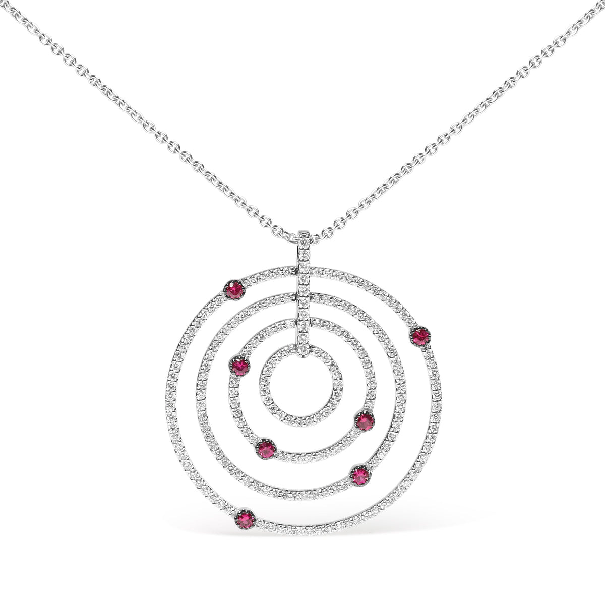 Collar con colgante de oro blanco de 18K con 2 1/6 Cttw de diamantes pavé y rubí rojo en círculos calados de 45,72 cm (color G-H, claridad SI2-I1) - Ajustable hasta 40,64 cm - 45,72 cm