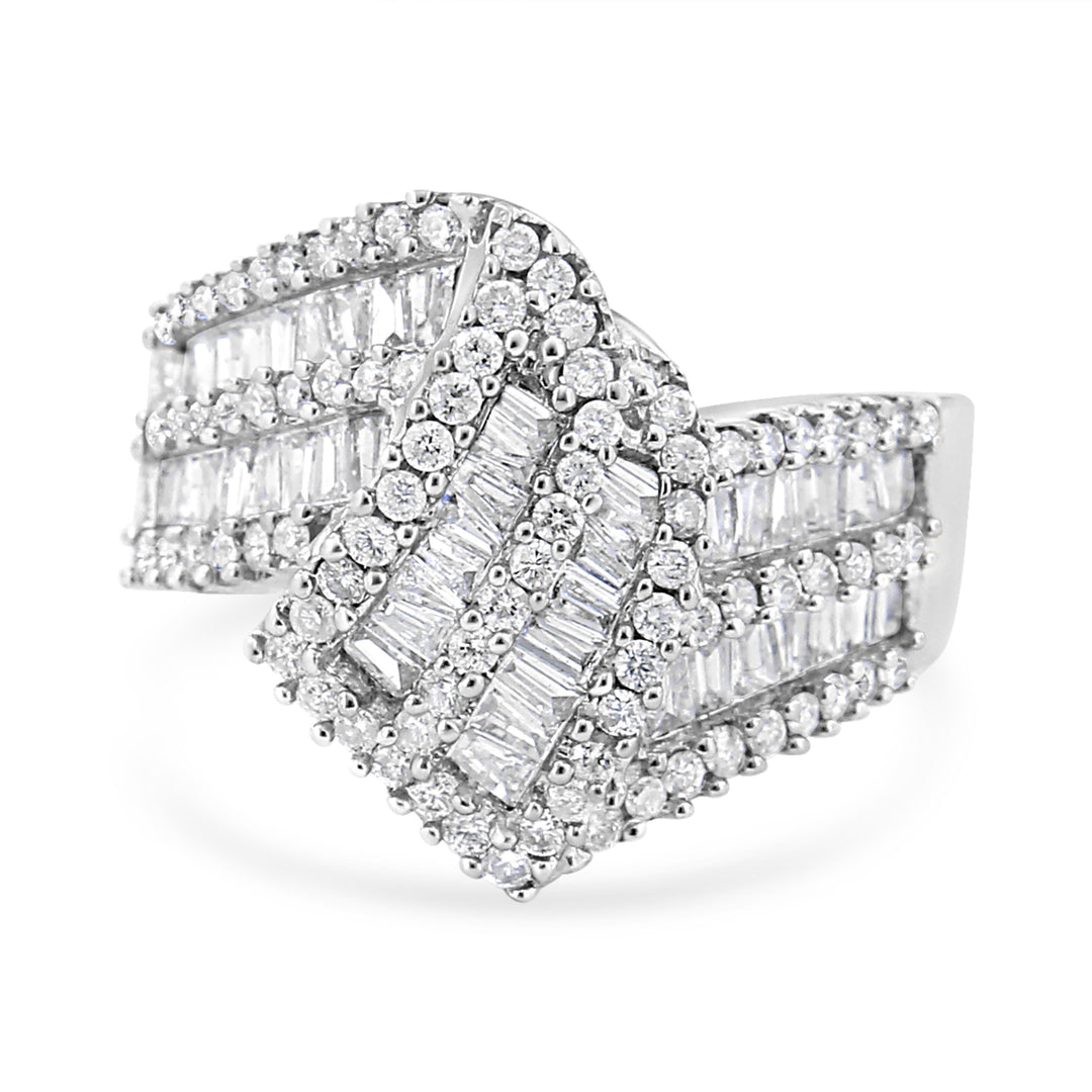 14K White Gold 1-1/2 Cttw Round and Baguette Diamond Bypass Cocktail Ring Band (H-I Color, SI1-SI2 Clarity) - Size 7
