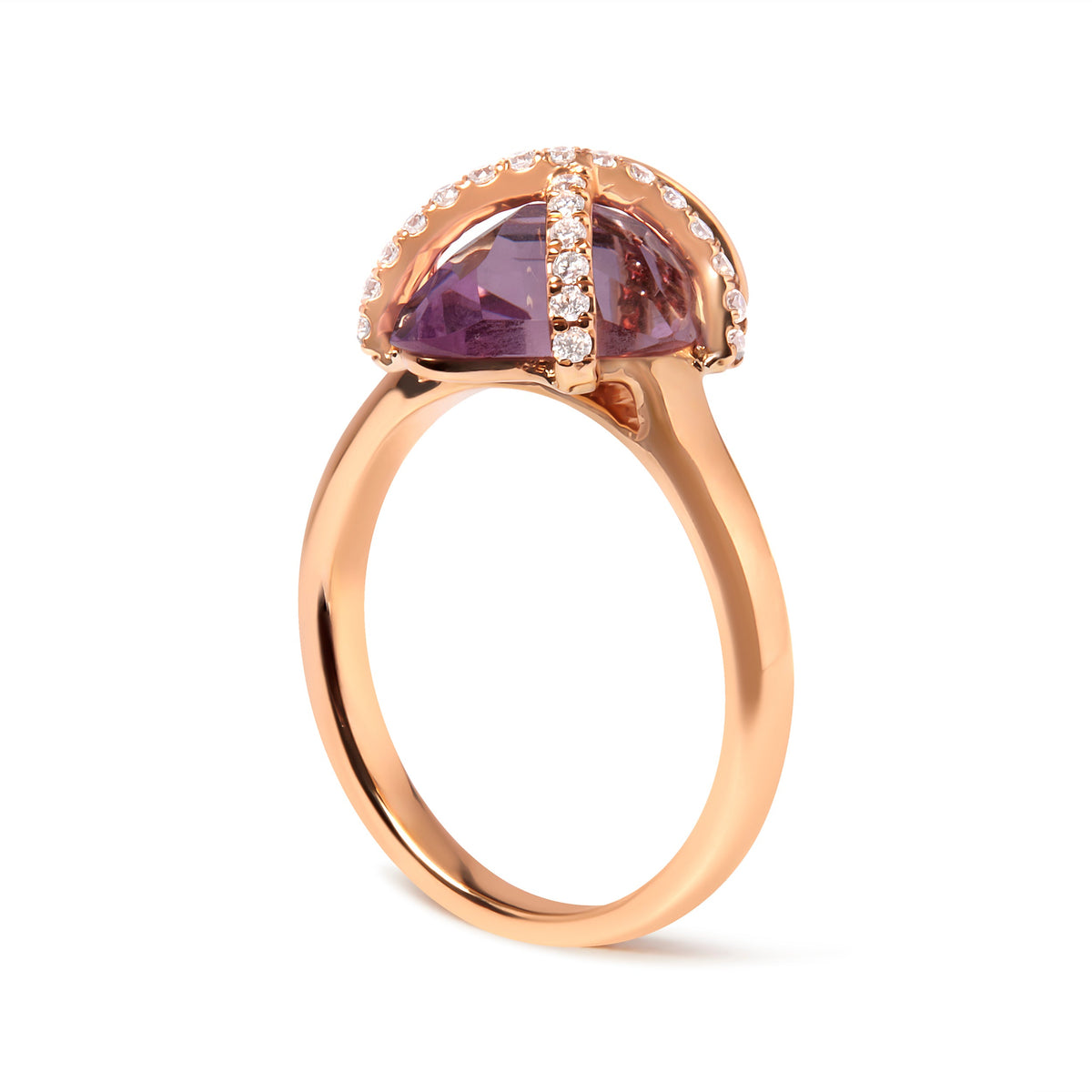 Anillo de cóctel de amatista morada de oro rosa de 14K con diamantes de 1/5 Cttw, 15x15 MM (color G-H, claridad SI1-SI2)