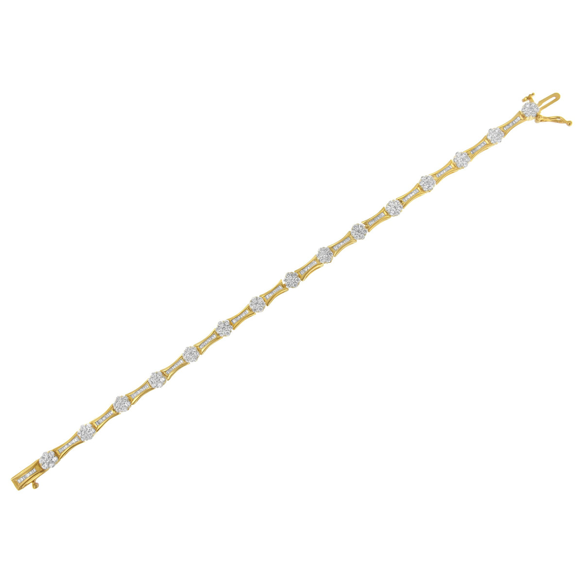 Pulsera de eslabones de diamantes de talla redonda y baguette de oro amarillo y blanco de 10 quilates con un peso total de 2.00 quilates (color I-J, claridad I2-I3) - Talla 7.25"