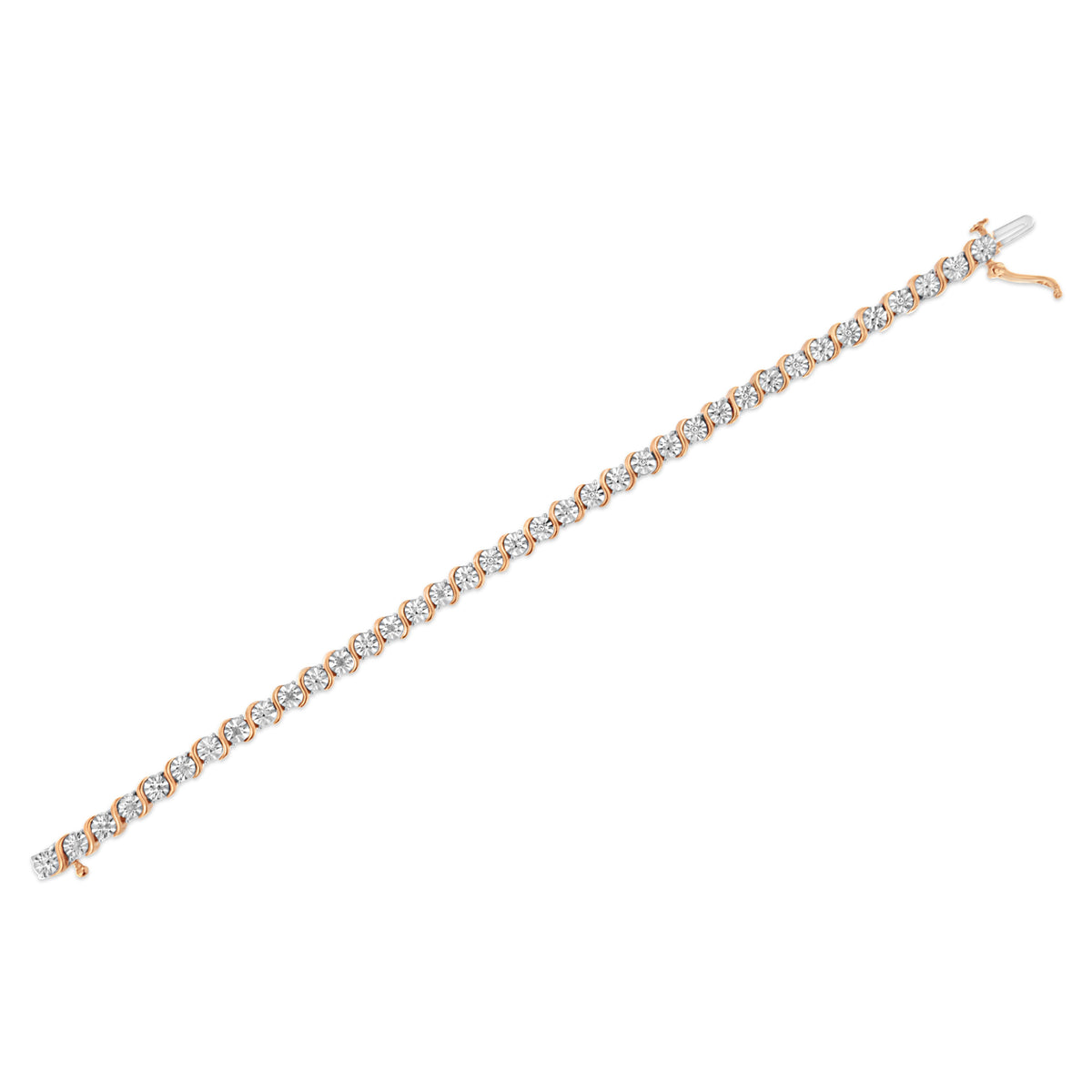 Pulsera de tenis de eslabones en "S" con placa de milagro redonda de diamante de 1/10 ct. (Color I-J, Claridad I2-I3) de plata de ley .925 chapada en oro rosa de 14K - 7"