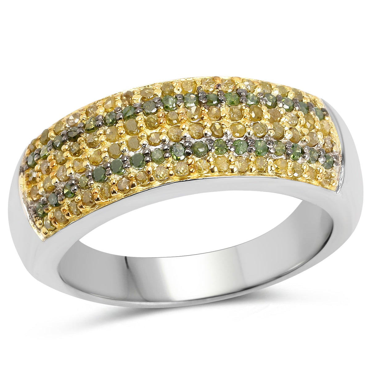 Anillo de plata de ley .925 con diamantes verdes y amarillos auténticos de 0.43 quilates