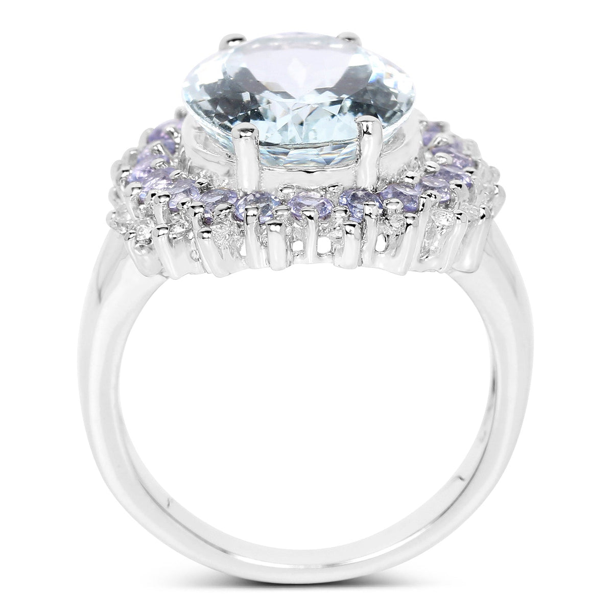 Anillo de plata de ley .925 con aguamarina genuina de 5.30 quilates, tanzanita y topacio blanco