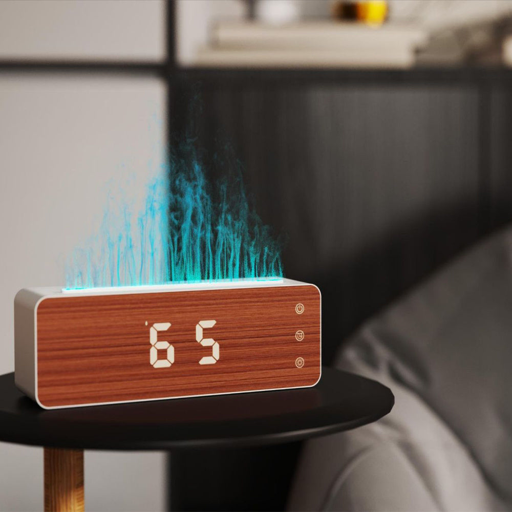 Flame Humidifier & Clock - Diffuser with Humidity Display - LED Light Fire Effect