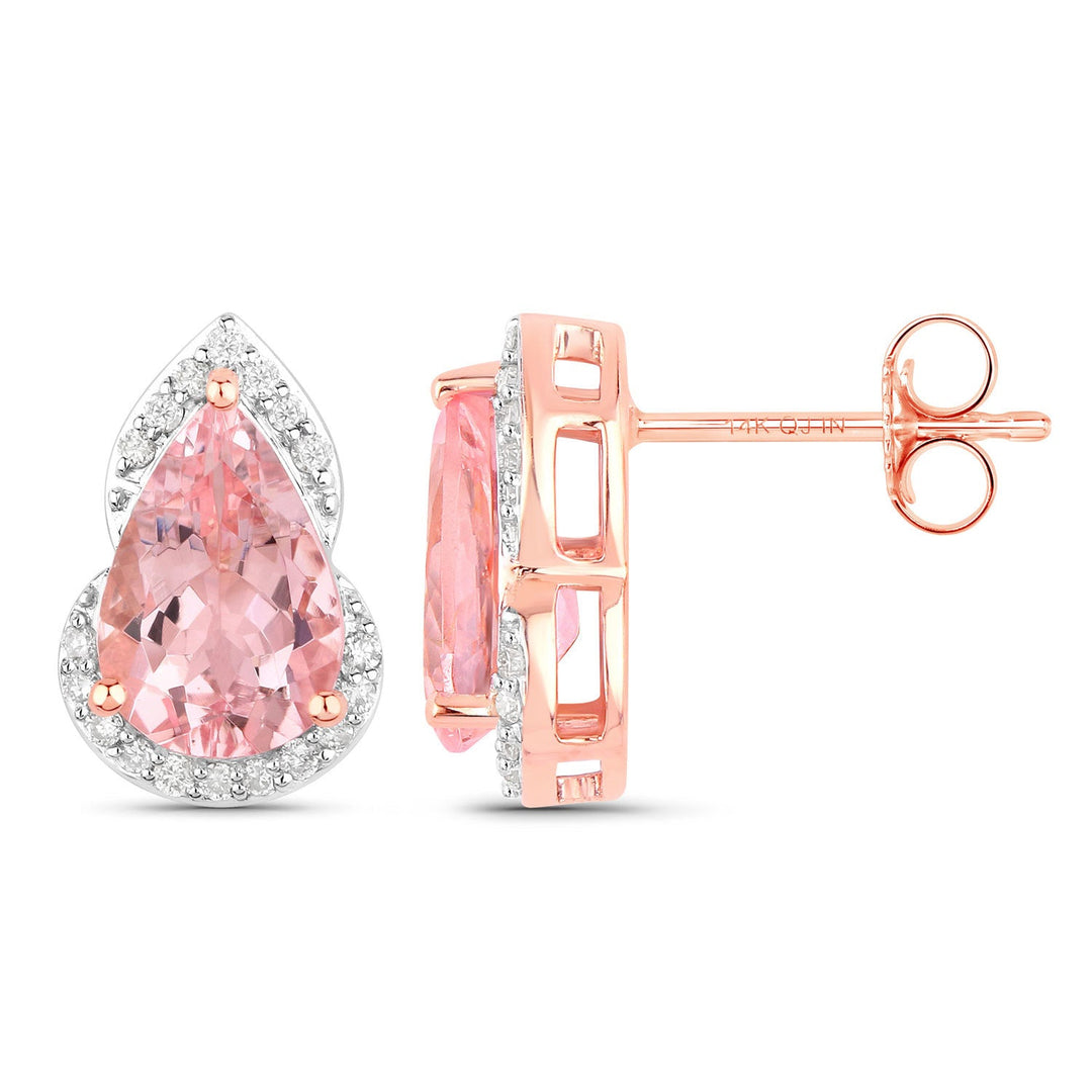 Pendientes de oro rosa de 14 quilates con morganita auténtica de 2,37 quilates y diamantes blancos