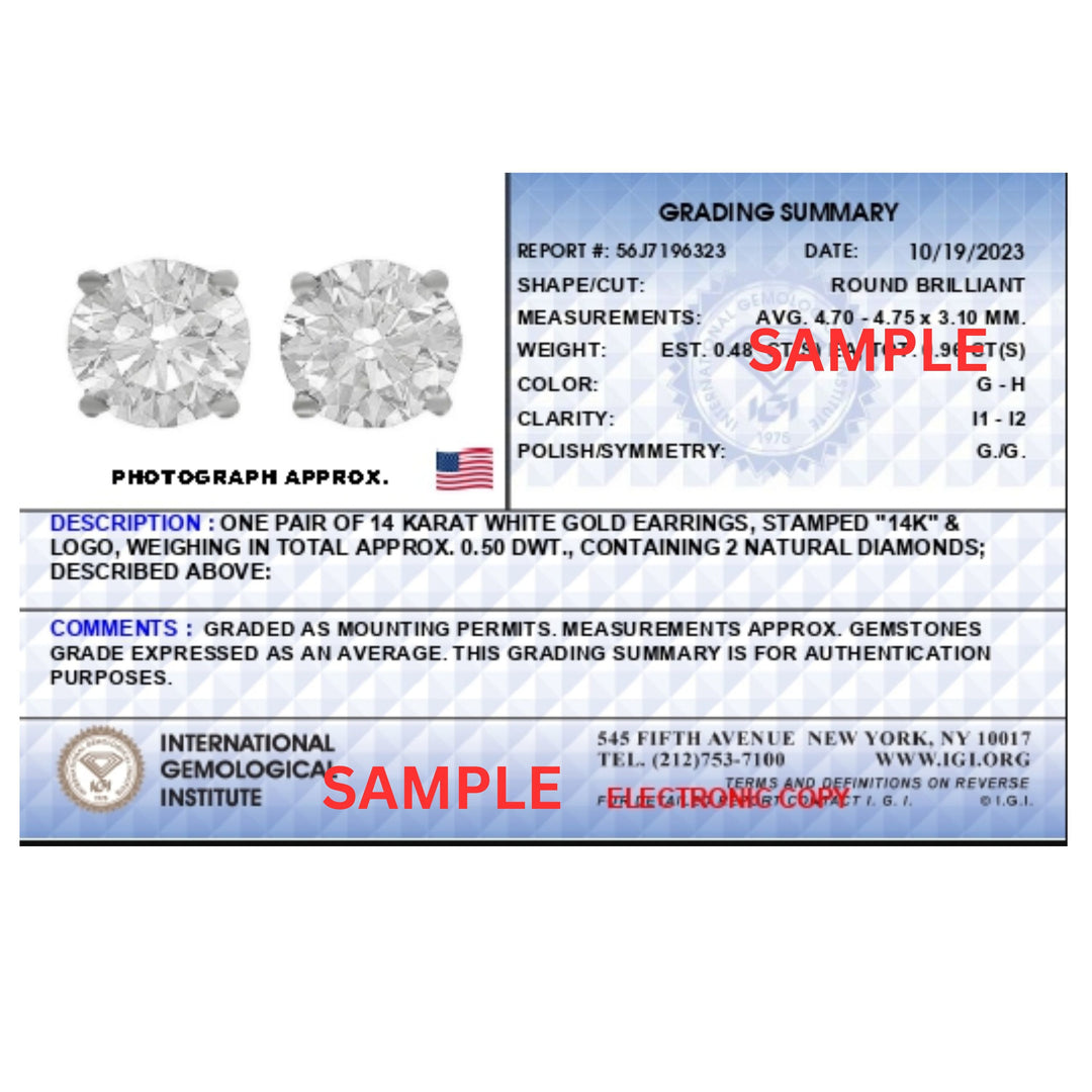 Pendientes de oro blanco de 14 quilates con diamantes naturales de corte brillante redondo de 1,0 quilates engastados en 4 puntas, cierre a presión, certificados IGI (color G-H, claridad I1-I2)