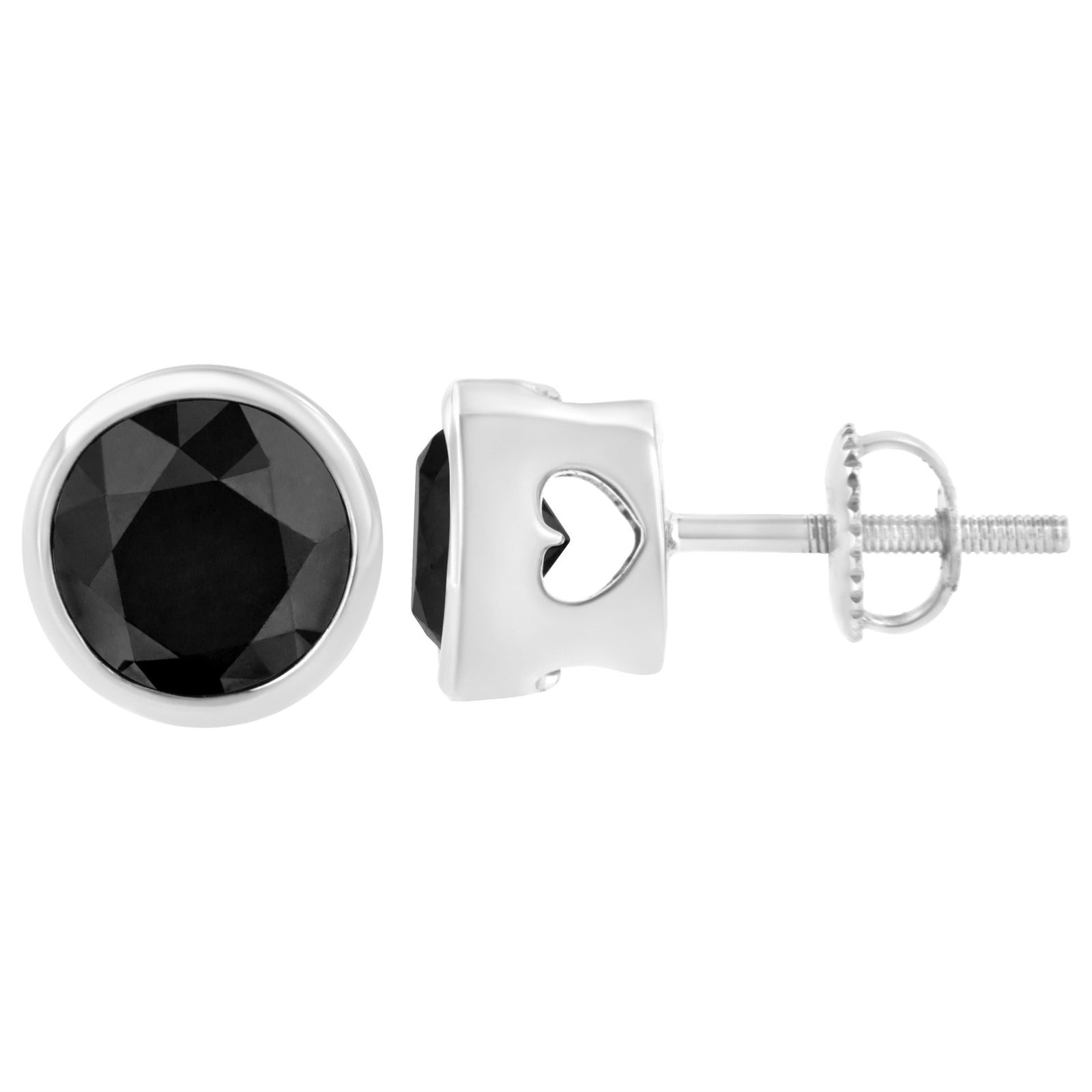 Pendientes de Plata Fina .925 con Diamantes Negros de 4.00 Qts. Talla Brillante Redonda, Engastados en Bisel, con Cierre de Rosca (Color Fantasía Mejorado, Claridad I2-I3)